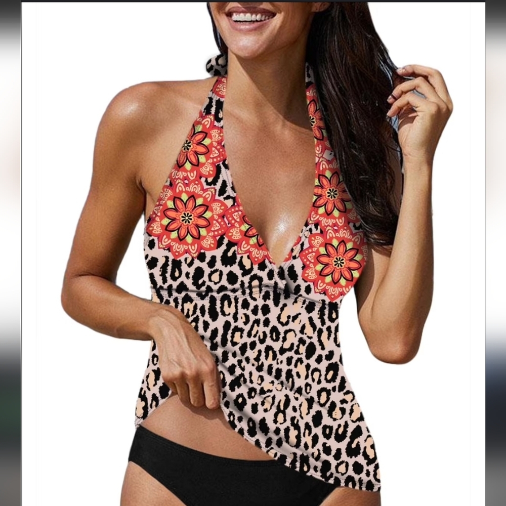 Floral Leopard Print Halter 2pc Swimsuit